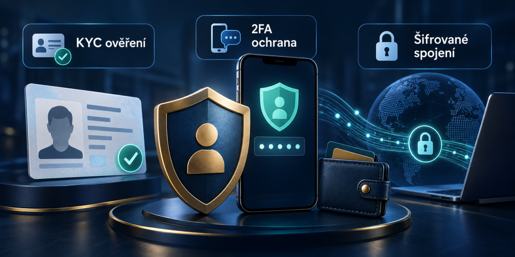 Ilustrace KYC procesu a ochrany účtu s průkazem totožnosti, ochranným štítem, chytrým telefonem, peněženkou a nápisy „KYC ověření“, „2FA ochrana“ a „Šifrované spojení“