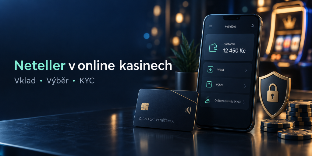 Tmavě laděná titulní ilustrace s chytrým telefonem zobrazujícím digitální peněženku, platební kartou, ochranným štítem a českým nápisem „Neteller v online kasinech“