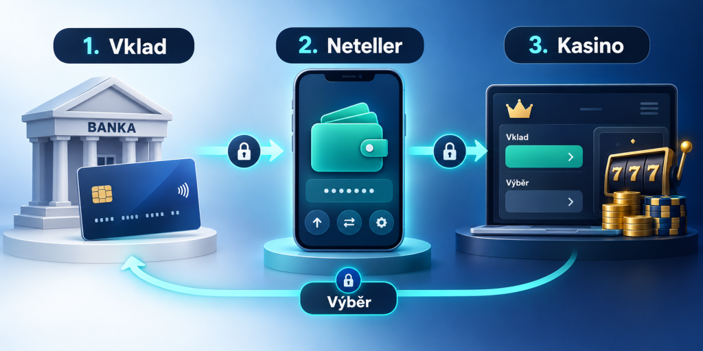 Infografika toku plateb, na níž bankovní karta a banka vedou přes digitální peněženku Neteller k online kasinu; spodní šipka znázorňuje výběr prostředků