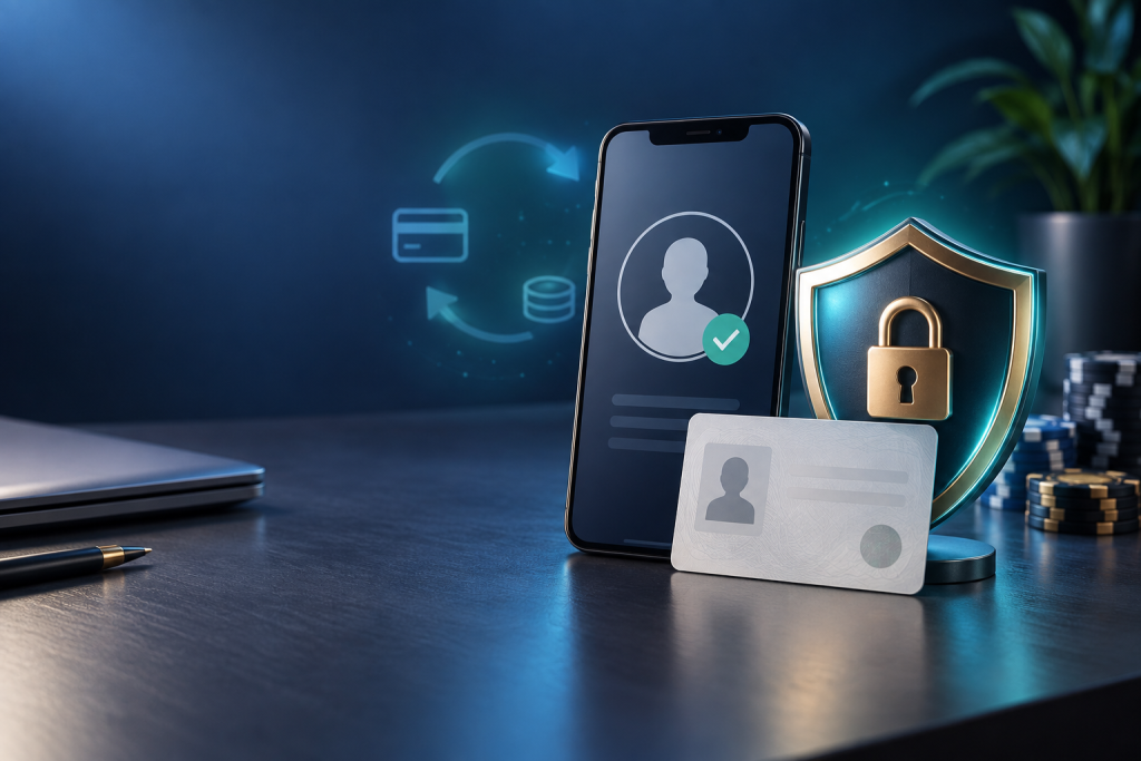 Telefon s ikonou ověřené identity stojí před štítem se zámkem a neutrální identifikační kartou bez osobních údajů; ilustrace zabezpečení KYC